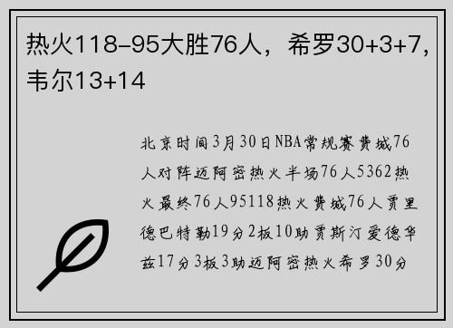 热火118-95大胜76人，希罗30+3+7，韦尔13+14